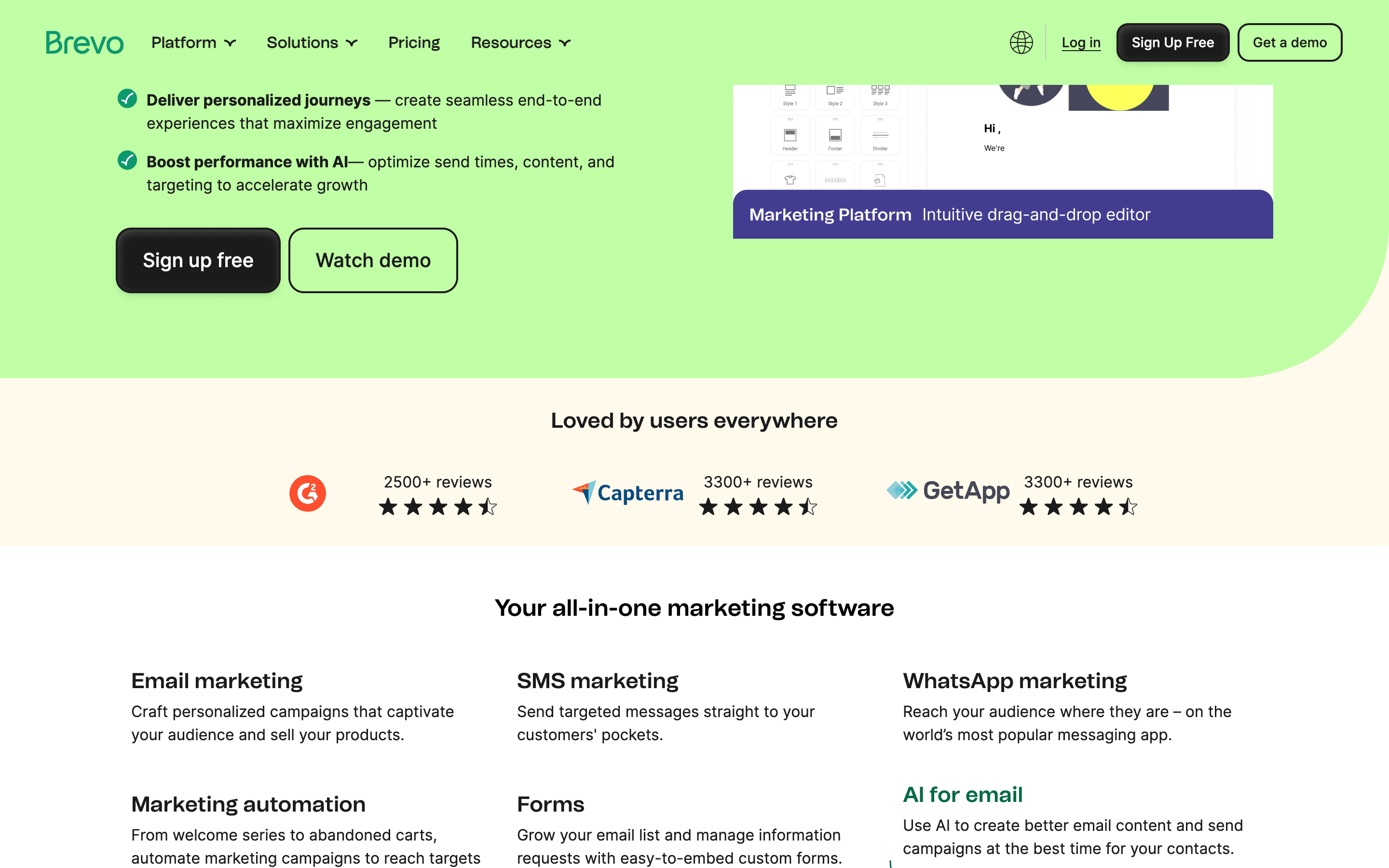Brevo marketing platform showing email, SMS, WhatsApp, and automation features