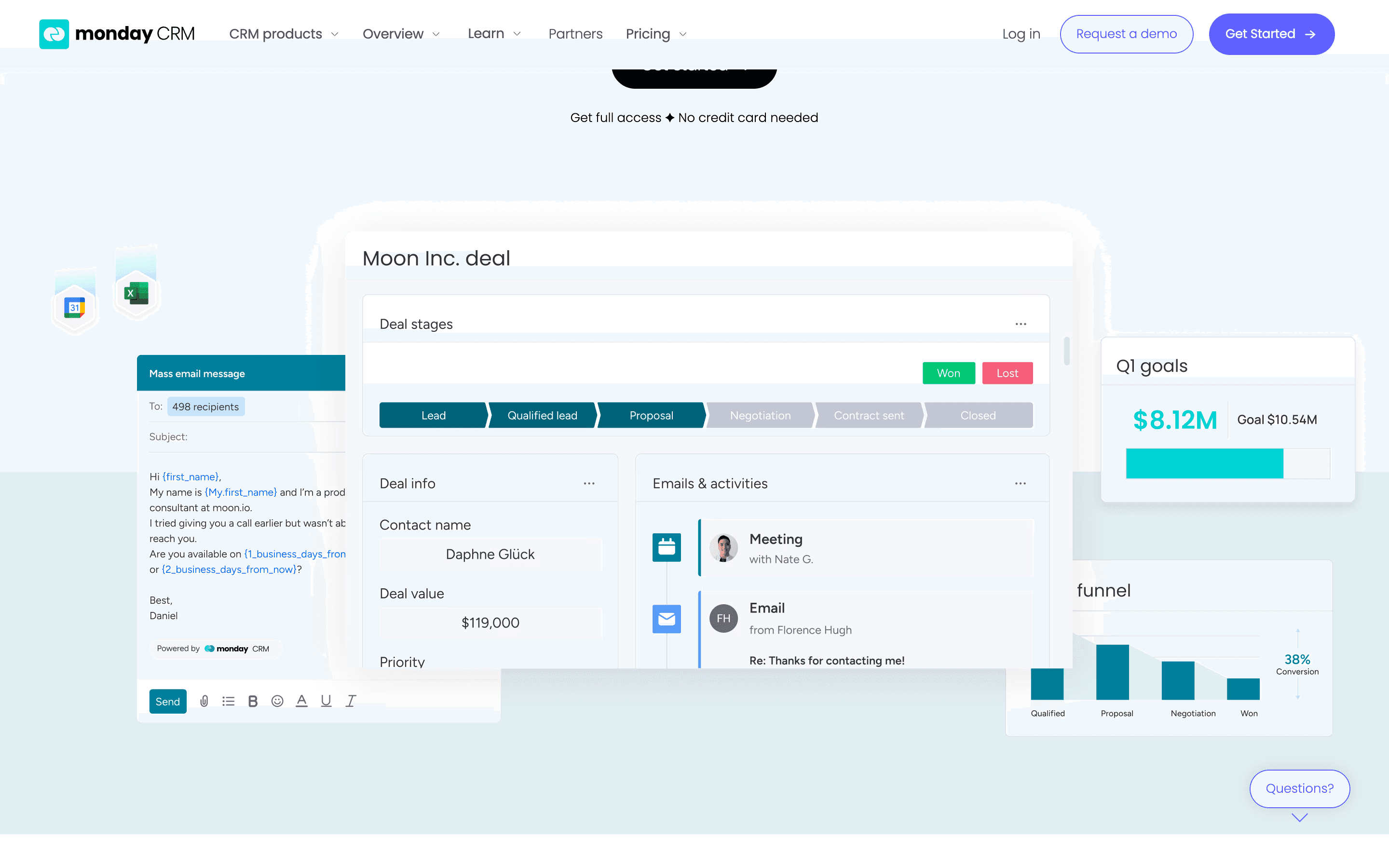 monday.com CRM dashboard showing deal stages, email integration, and sales funnel