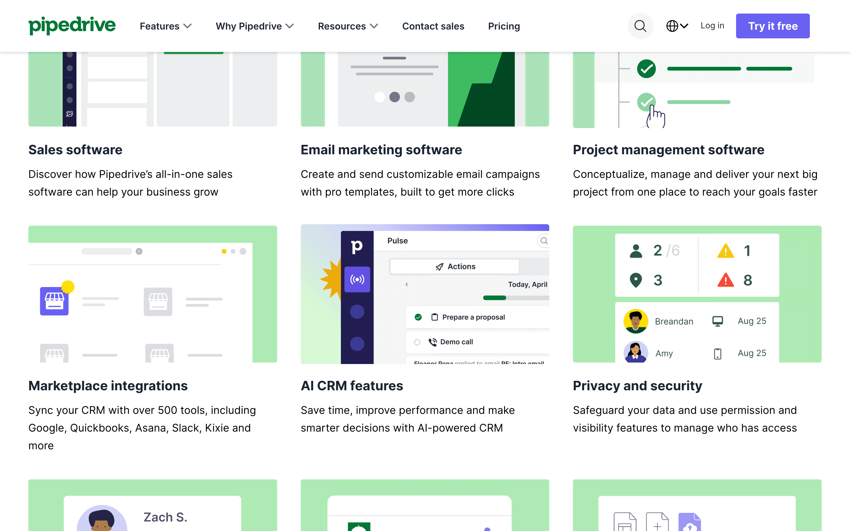 Pipedrive features overview showing sales, email marketing, and project management tools